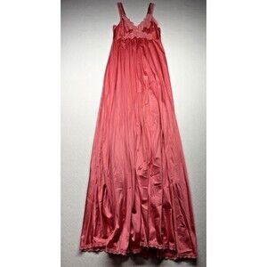 Miss Elaine Satin Nightgown & Robe Set Pink Coral Lace USA Peignoir Vintage